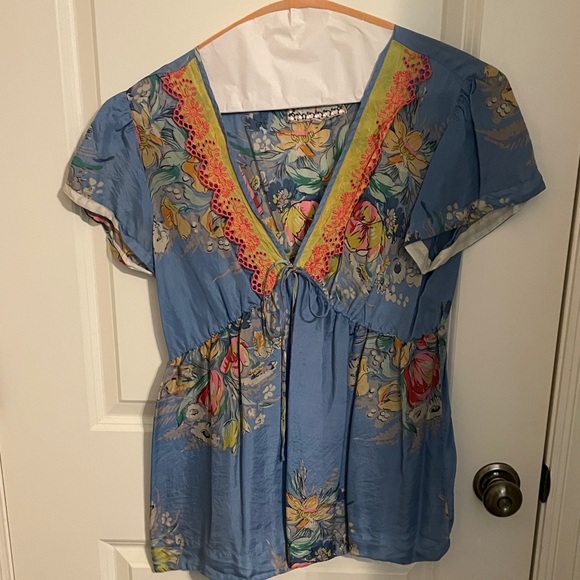 Johnny Was Blue Floral Blouse with Yellow Accents - Picture 4 of 5